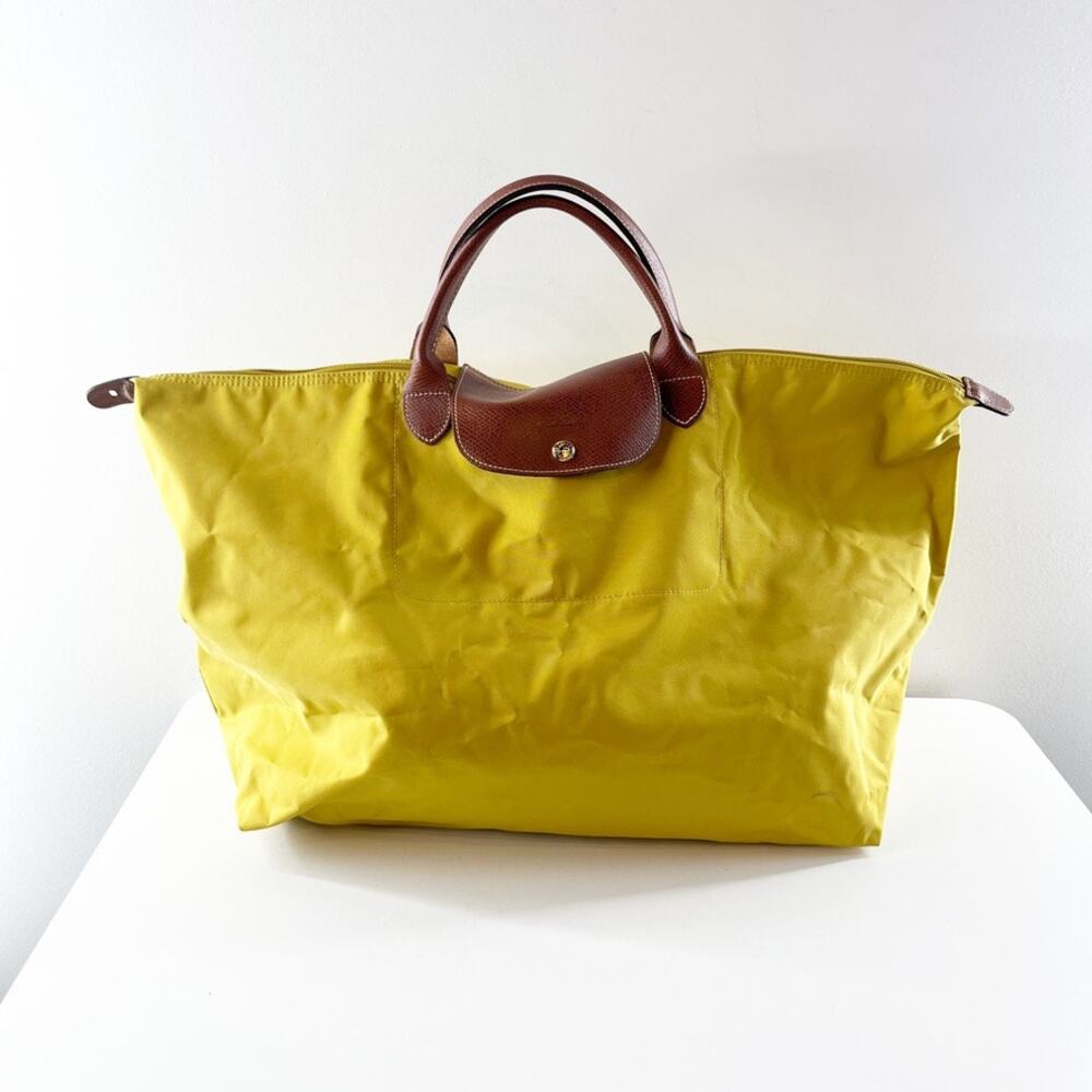 Longchamp Nylon Medium Le Pliage Tote Handbag Yellow Brown - Picture 2 of 12